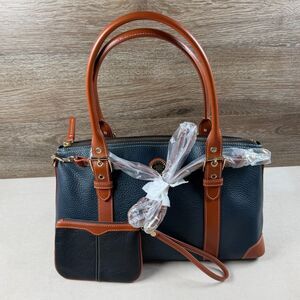 Dooney & Bourke Pebble Grain Large Satchel Navy British Tan Leather NWOT